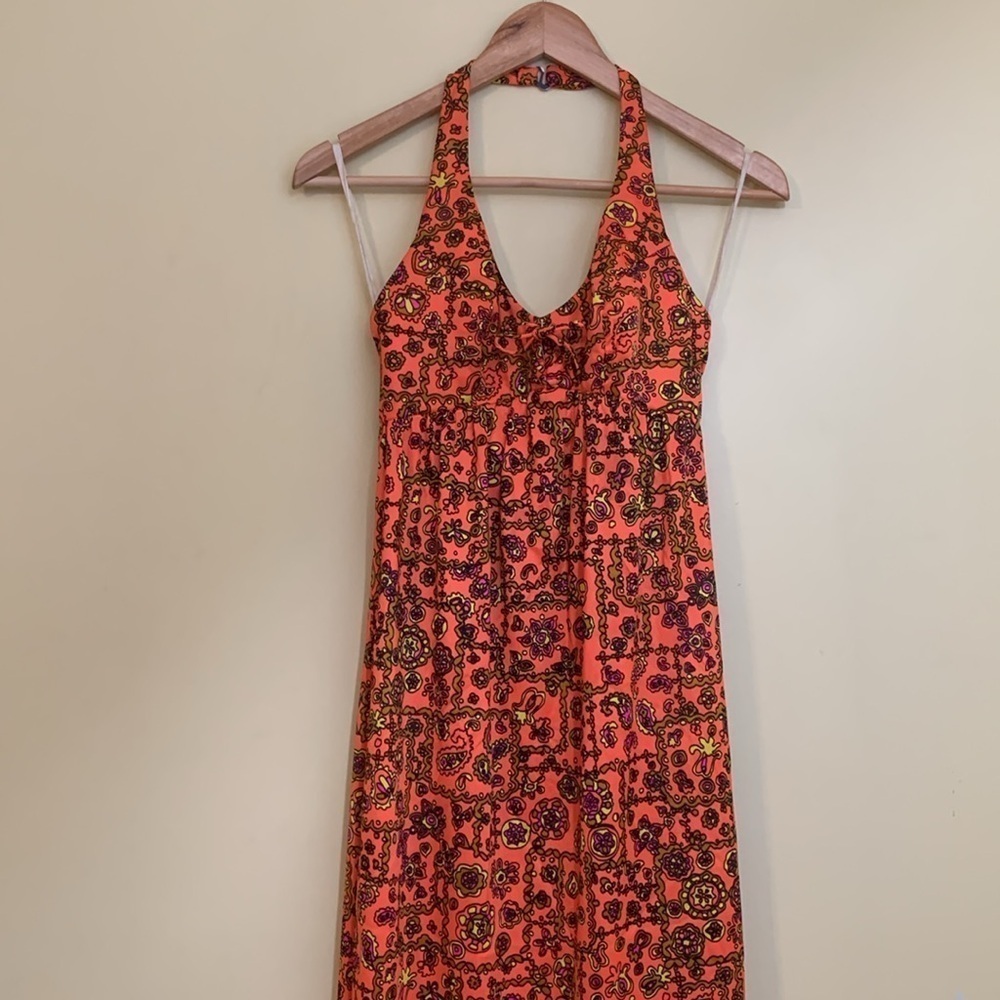 Sirena California 70's Neon Orange Floral Halter 2 Side Slits Maxi Dress S/M - Picture 4 of 17